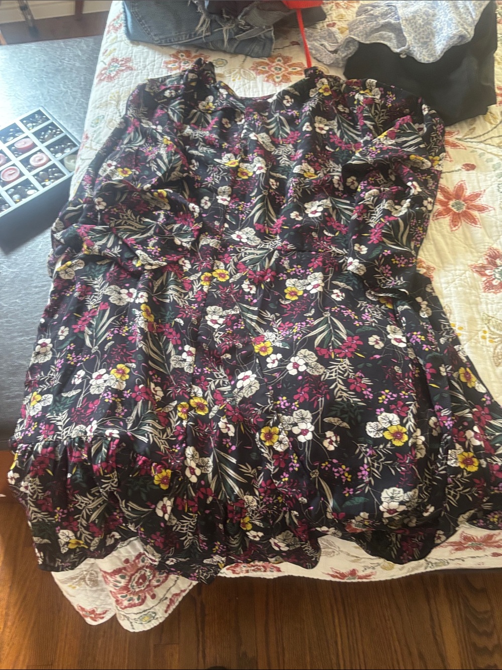 Annabelle Black Floral Midi Dress with Yellow & Pink Accents